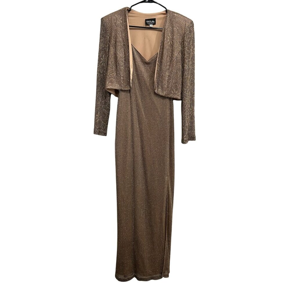 Onyx Nite Brown 2 Piece Evening Gown Jacket Spaghetti Straps Size L Shiny Finish